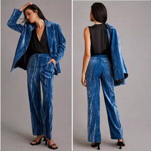 STELLA NOVA Livi PANTS Size 36 S Blue Crushed Velvet Straight Leg Pockets NEW